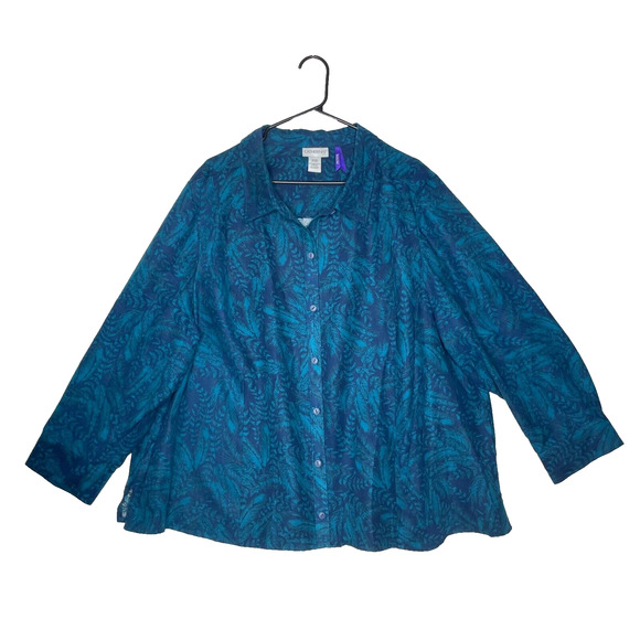 Catherines Womens 3XWP Blue Green Sueded Floral Print Button Up Artsy - Picture 1 of 6